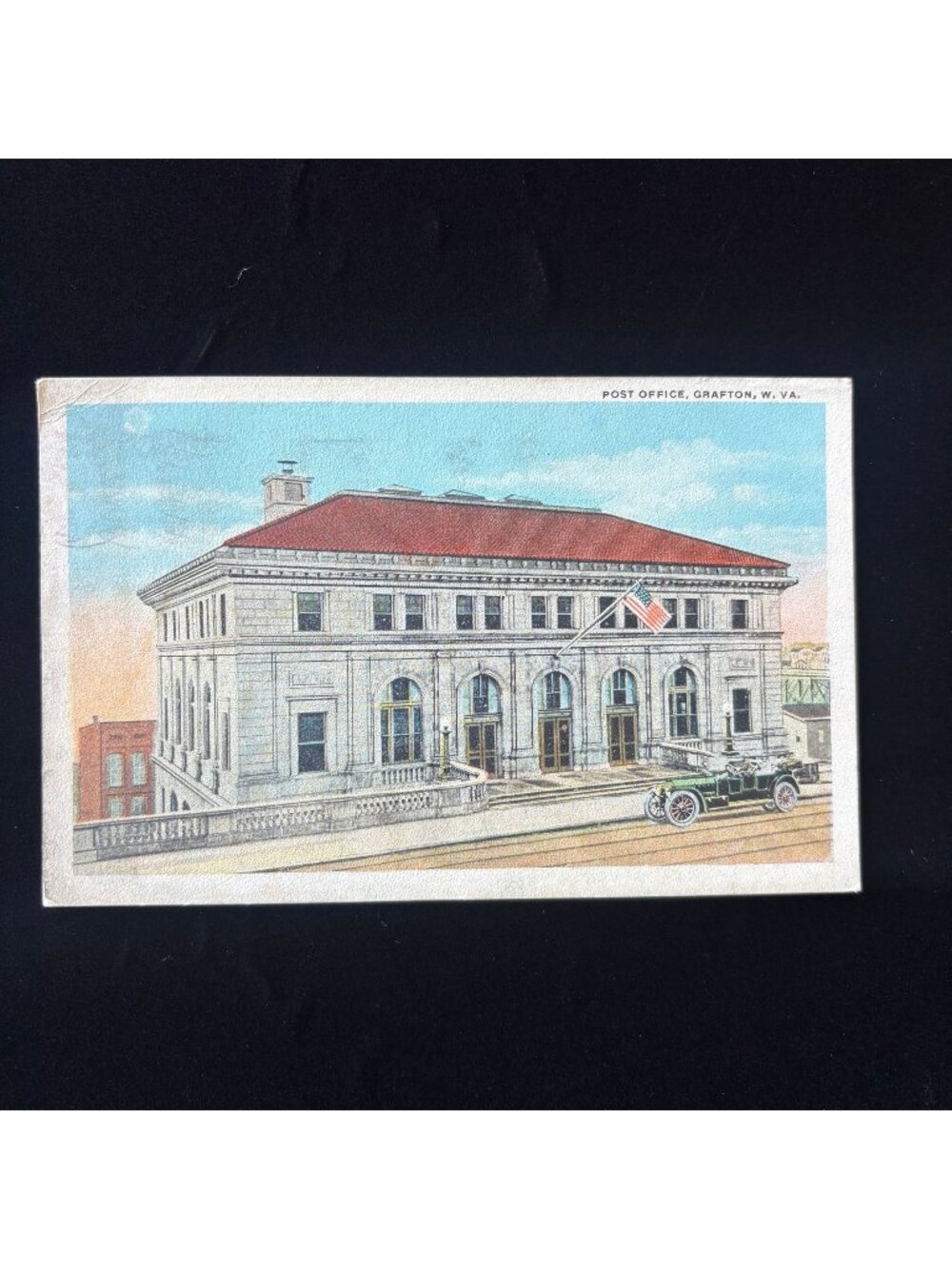 Antique Postcard 1922 Dad Seeing Life Touring Car Grafton Post Office WV Flag